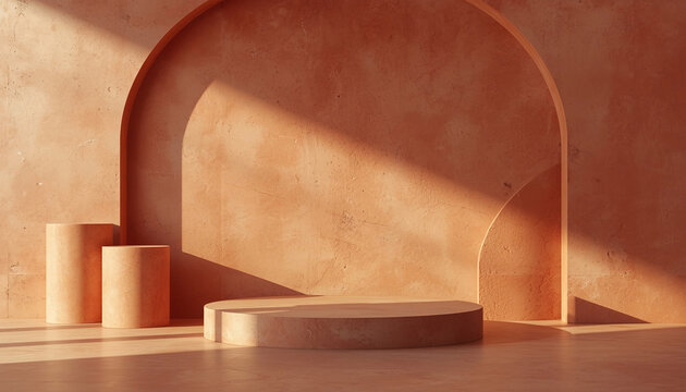 Warm Terracotta Podium Background with Minimal Arch Design