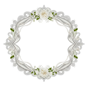Elegant Oval White Lace Frame with Roses and Pearls