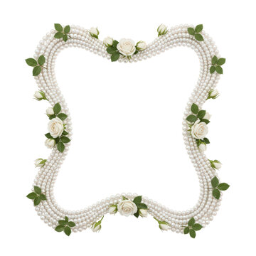Elegant Pearl and Rose Floral Frame with Green Leaves