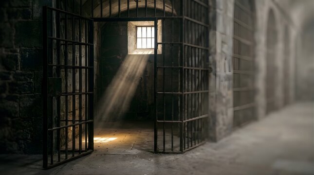 Open prison cell door with bright light shining through a window inside
