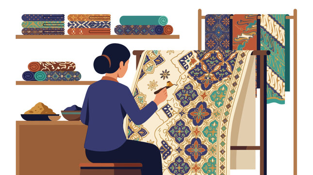 Vector illustration of an Indonesian female artisan using a canting tool to apply hot wax onto traditional batik fabric in a textile workshop with shelves of colorful folded cloth.