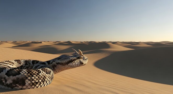 Horned viper snake in a vast desert landscape with sand dunes
