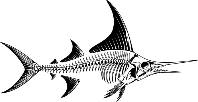 Detailed black and white marlin skeleton white background, fish bone