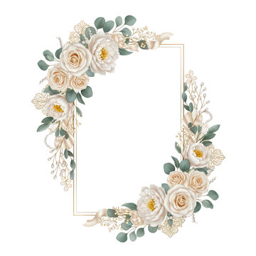Elegant watercolor floral frame with white roses and eucalyptus leaves