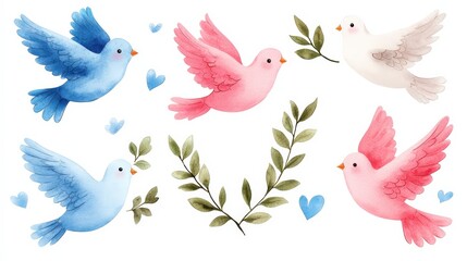 Fototapeta premium Colorful Watercolor Birds with Leaves, Hearts, and Floral Elements for Artistic Backgrounds
