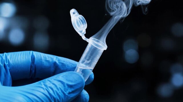 Gloved hand holding a small plastic vial with vapor or smoke rising from it, set against a dark background.