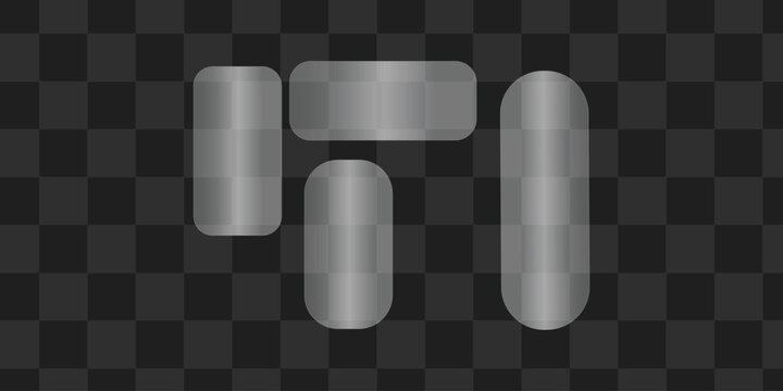 Four abstract silver rounded rectangles and ovals with metallic gradient shading arranged on a transparent grid background