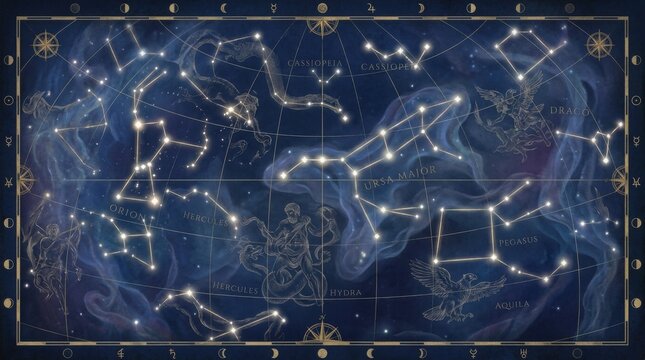 Vintage celestial map of the night sky showing constellations like Orion, Ursa Major, and Pegasus with mythological sketches, golden stars, and astrological symbols on dark nebula.