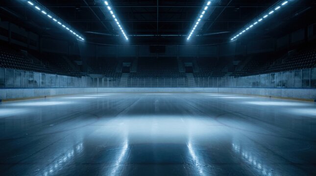 Wide angle view of an empty professional ice hockey rink with fresh smooth ice surface reflecting overhead floodlights in a dimly lit indoor stadium with dark spectator seats.