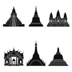 Obraz premium Collection of Six Distinct Temple Silhouettes Showcasing Architectural Styles and Cultural Heritage on a White Background