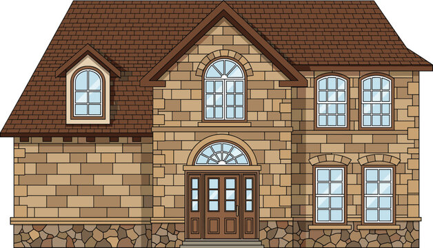 Classic Two Story Suburban House Facade Vector Illustration with Stone Brick Siding Arch Windows and Brown Shingle Roof for Real Estate Designs