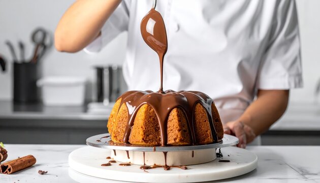 Skilled baker meticulously drizzles rich chocolate ganache over a freshly baked Bundt cake, creating a decadent dessert.