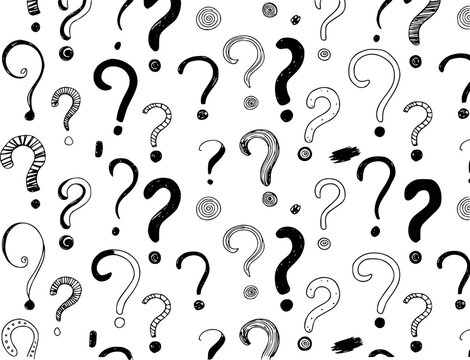 Seamless pattern of hand-drawn question marks in black and white background symbol