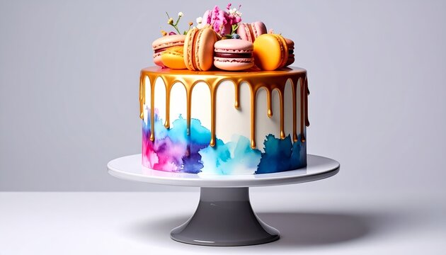 Vibrant watercolor drip cake adorned with macarons and gold ganache on a cake stand