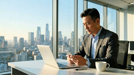 Fototapeta premium Professional businessman using smartphone and laptop in modern office with city skyline view