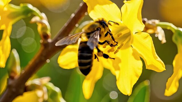 Closeup of a bee collecting nectar from a bright yellow forsythia flower in spring.