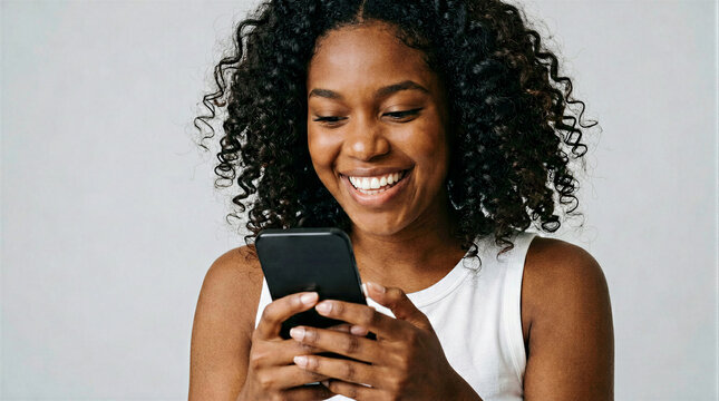 Happy young African American woman smiling while using smartphone, positive digital lifestyle concept