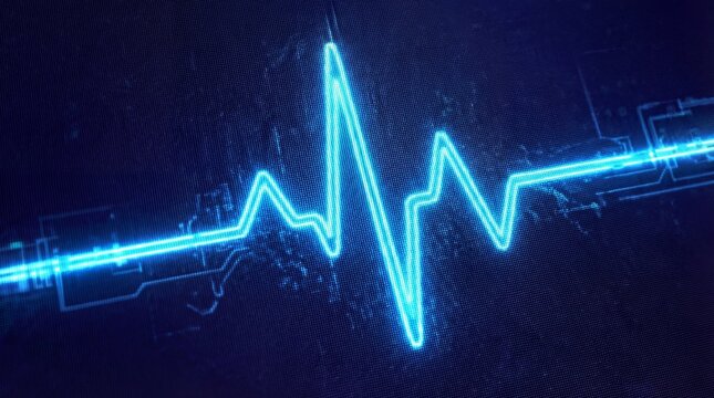 Electrocardiogram shows broken heartbeat in blue light concept. Blue heartbeat line graphic on dark background for medical themes.