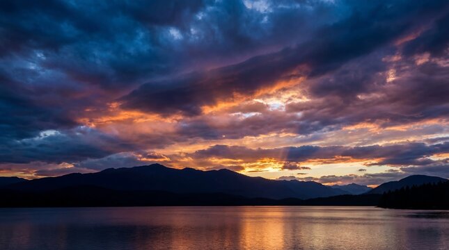 Dreamy atmosphere takes over at twilight concept. Breathtaking sunset over the mountains and tranquil lake waters.