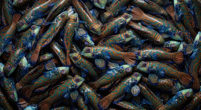 Dense school of vibrant mandarin dragonet fish swimming together in a colorful underwater pattern displaying intricate blue and orange swirl body markings