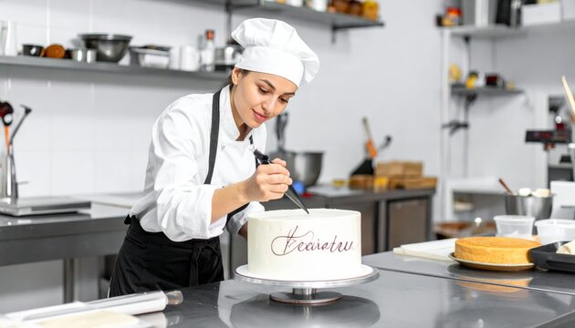 Skilled baker meticulously writing cursive message on white cake using fine-tipped icing pipe in professional kitchen