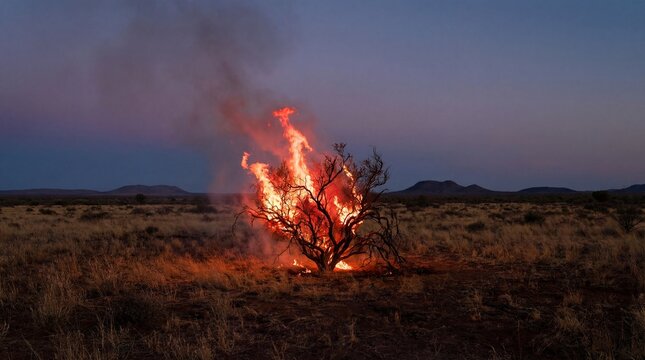 Burning bush on fire appears from Bible concept. Burning bush in desert landscape at twilight, showcasing wildfires.