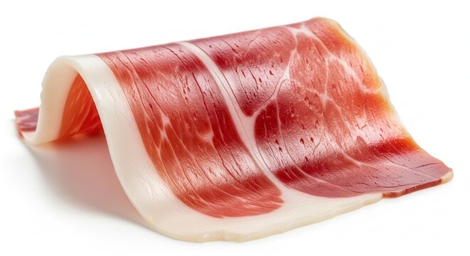 A single slice of high quality Spanish Iberico ham folded on a white background.