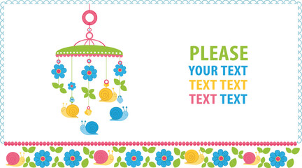 Fototapeta premium Cute Nursery Baby Mobile Greeting Card Template Vector Illustration Featuring Hanging Snails Flowers Border and Copy Space for Newborn Baby Shower Designs