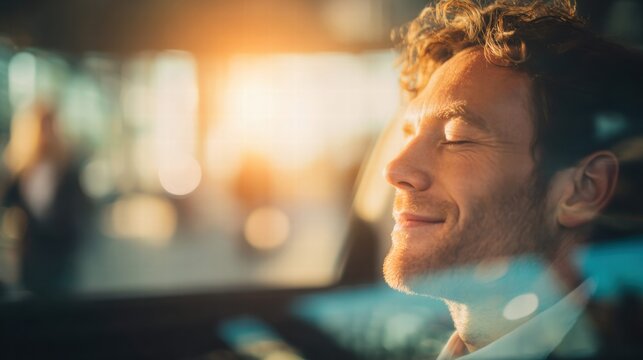 A contented man in a car basks in the warm glow of sunlight, eyes closed in pure bliss.