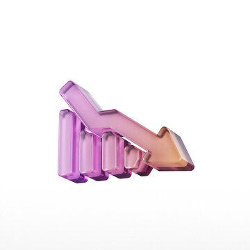Descending bar graph with arrow gradient purple to orange 3d rendering on white background