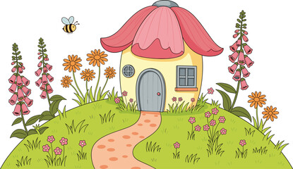 Whimsical Fairy Flower House Vector Illustration on Green Hill with Foxgloves Path and Flying Bee for Fantasy Storybooks and Kids Room Decals © Rafika