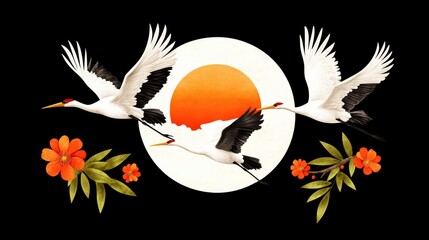 Naklejka premium Majestic Cranes in Flight Against a Vibrant Background with Flowers and Sunburst Elements