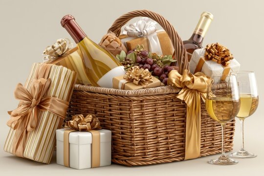 Luxury gift hamper with wine bottles, grapes, and glasses for celebration