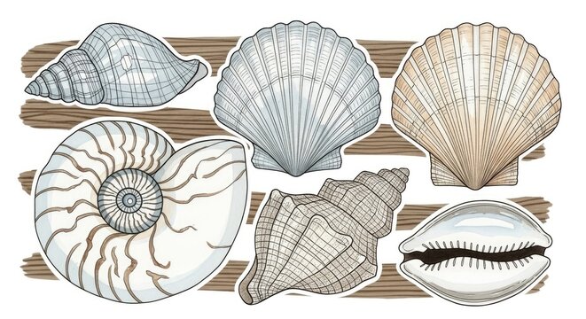 Collection of various seashell illustrations on white background.