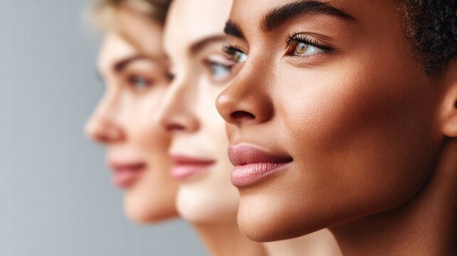 Diverse women showcasing beauty and skincare in a profile view.