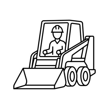 Line art illustration of skid steer loader icon with operator