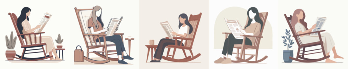 Fototapeta premium People Relaxing in Rocking Chair Illustration Set with Cozy Home Lifestyle Concept