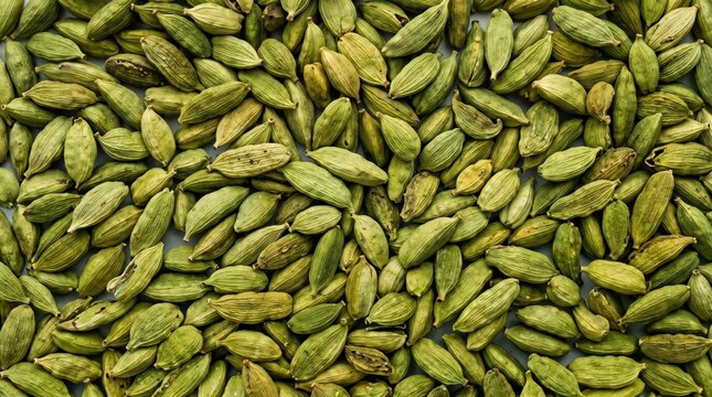 Abundant pile of aromatic green cardamom pods arranged in a dense texture pattern for culinary use and healthy organic food backgrounds with natural lighting