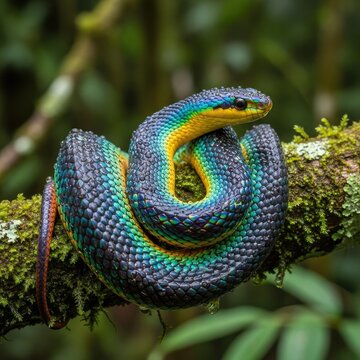 Colorful tree snake coiled on a mossy forest branch.