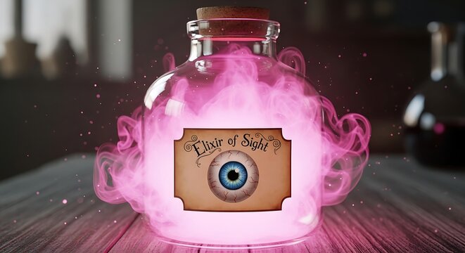 Glass magic bottle with glowing pink smoke and elixir of sight label