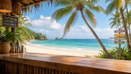 Fototapeta premium Beach bar counter overlooking tropical beach with palm trees