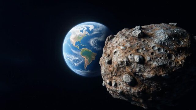 Large rocky asteroid flying through outer space towards planet Earth with bright sun flare