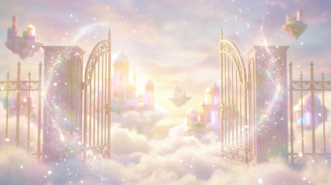 Pearly gates opening with brilliant light concept. Mystical gates open to a dreamy realm filled with clouds and light.