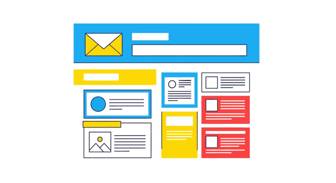 Modern flat design illustration of a responsive website layout template with various UI elements and content blocks for web development.