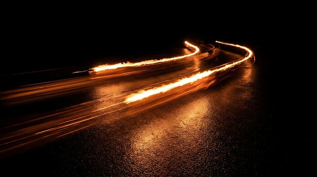 Orange Fire Streaks on Wet Surface at Night, Abstract Light Trails Motion Blur
