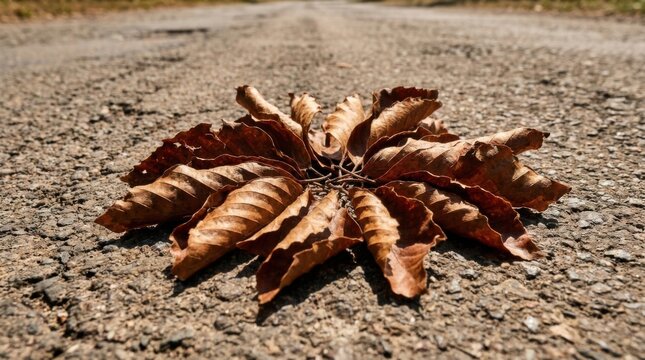Arrangement of dried brown autumn beech leaves placed in a circular pattern on a coarse asphalt ground surface, captured with a low angle and shallow depth of field.