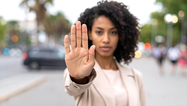 Woman signals stop with her hand.