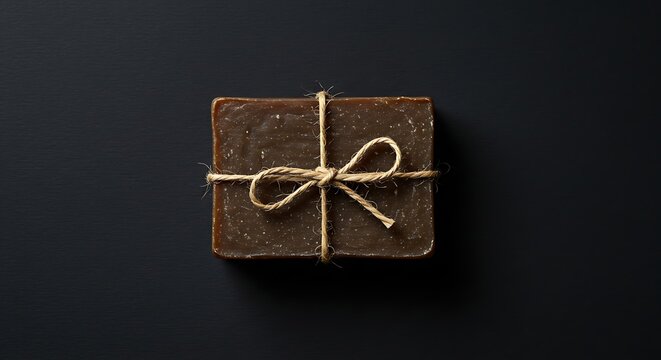 Dark Chocolate Brownie Wrapped in Twine on Black Background.