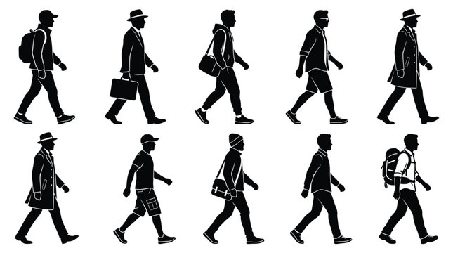 Full-body male silhouettes demonstrating side-profile walking poses in casual and formal clothes