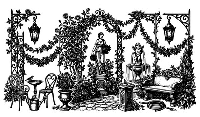 Naklejka premium Ornamental Garden Decoration Engraving Drawing with Botanical Line Art Vector